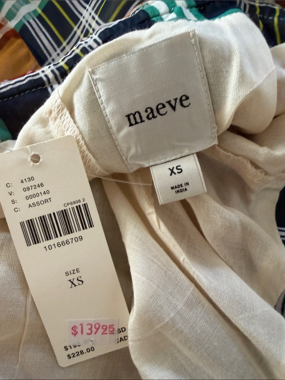 Maeve Multicolor Plaid Asymmetrical Slip Dress with Teal & Mustard Panels - Picture 8 of 11